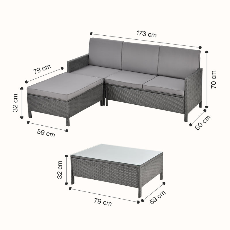 Maatschets Tuinset rattan 3-delig tafel en 3-zitsbank donkergrijs lichtgrijs