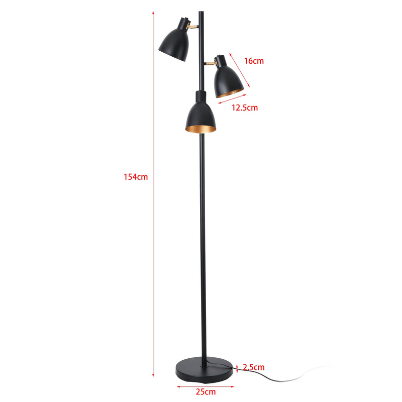 Croquis coté Lampadaire Witney avec 3 douilles E14 métal hauteur 154 cm noir or lux.pro