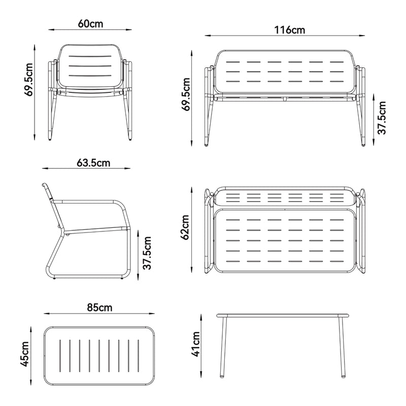 Croquis coté Ensemble de meubles de jardin Andria acier casa.pro