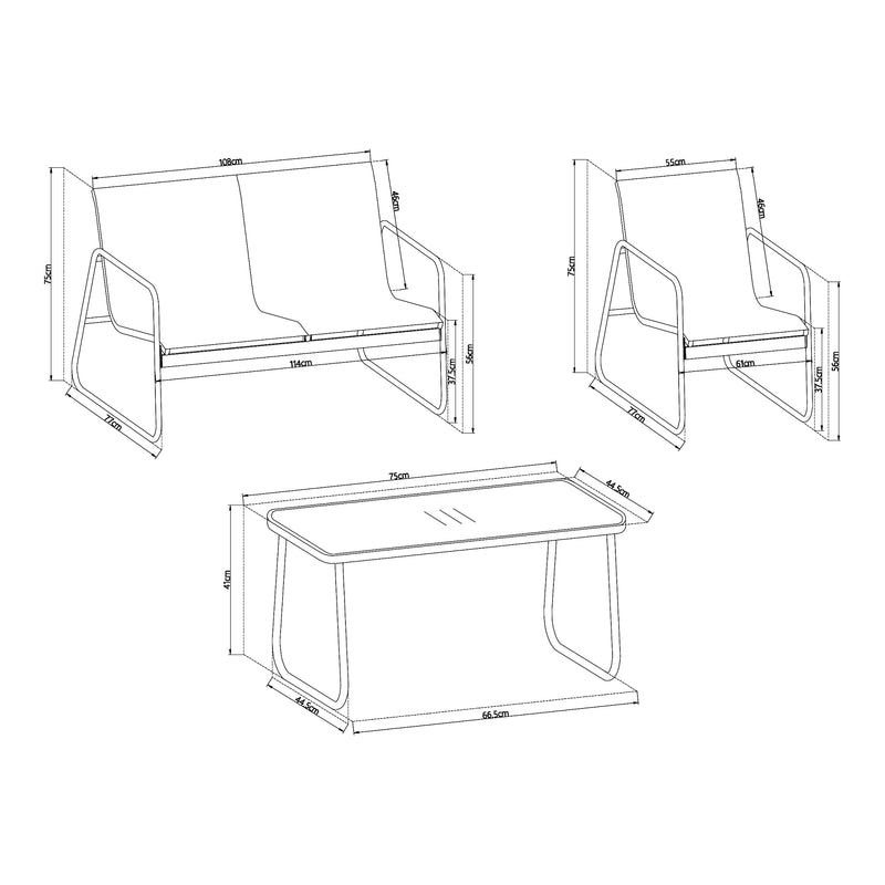 Croquis coté Ensemble de meubles de jardin 4 pièces Anzi acier casa.pro