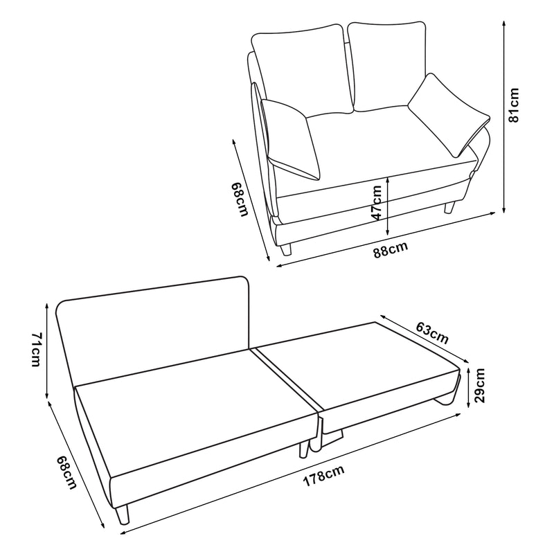 Croquis coté Canapé convertible 1 place Seinlus 81 x 88 x 68 cm [en.casa]