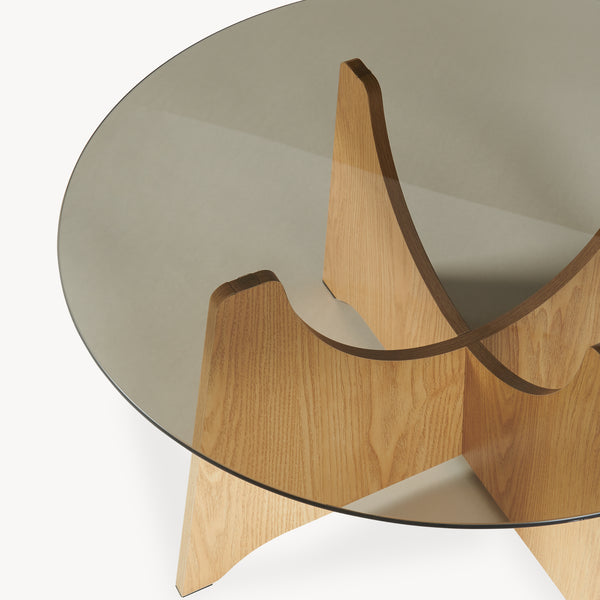 Salontafel 'Omlar' met glazen blad rond Ø70 x 35 cm eikenlook / rookgrijs