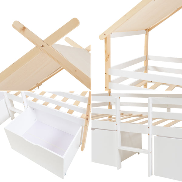 Lit cabane Surnadal avec matelas à mousse froide bois de pin 90 x 200 cm naturel blanc beige [en.casa]