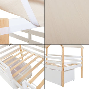 Lit cabane Surnadal avec matelas à mousse froide bois de pin 90 x 200 cm naturel blanc beige [en.casa]