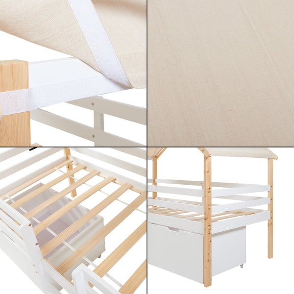 Lit cabane Surnadal avec matelas à mousse froide bois de pin 90 x 200 cm naturel blanc beige [en.casa]