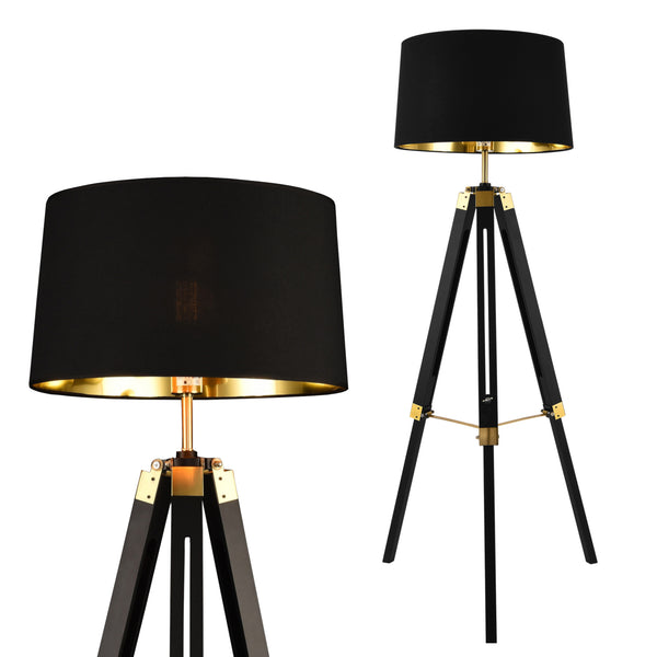 Lampadaire Trépied Karlsbad Métal Tissu Douille E27 Luminaire Intérieur 145 cm Noir Laiton [lux.pro]