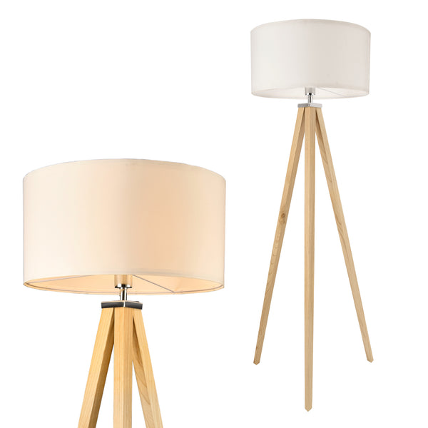 Lampadaire Trépied Queluz Bois Tissu Douille 1 x E27 Luminaire Intérieur Hauteur 152 cm Couleur Bois Blanc [lux.pro]