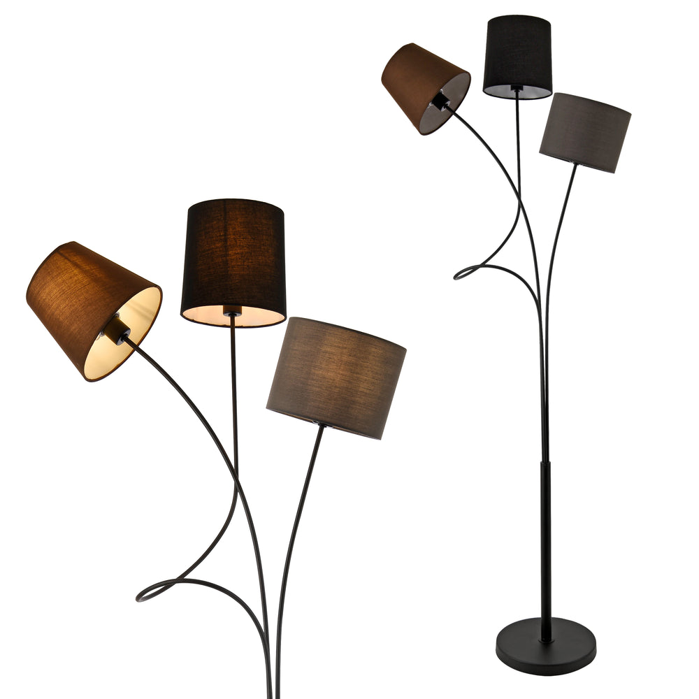 [lux.pro] Lampadaire Lampe sur Pied avec 3 Douilles Métal et Tissu 3 x E14 Hauteur 146 cm 3 Abat-jour Marron Noir Gris Armature Noir