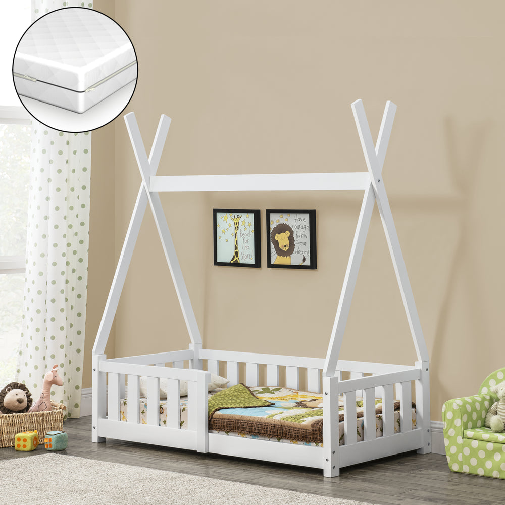 Kinderbed Tipi met uitvalbeveiliging en matras 70x140 cm wit