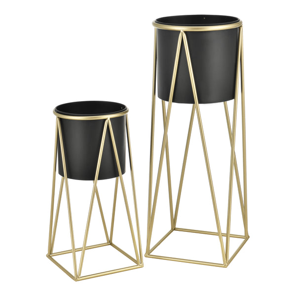Bloempot op standaard set van 2 zwart en messing