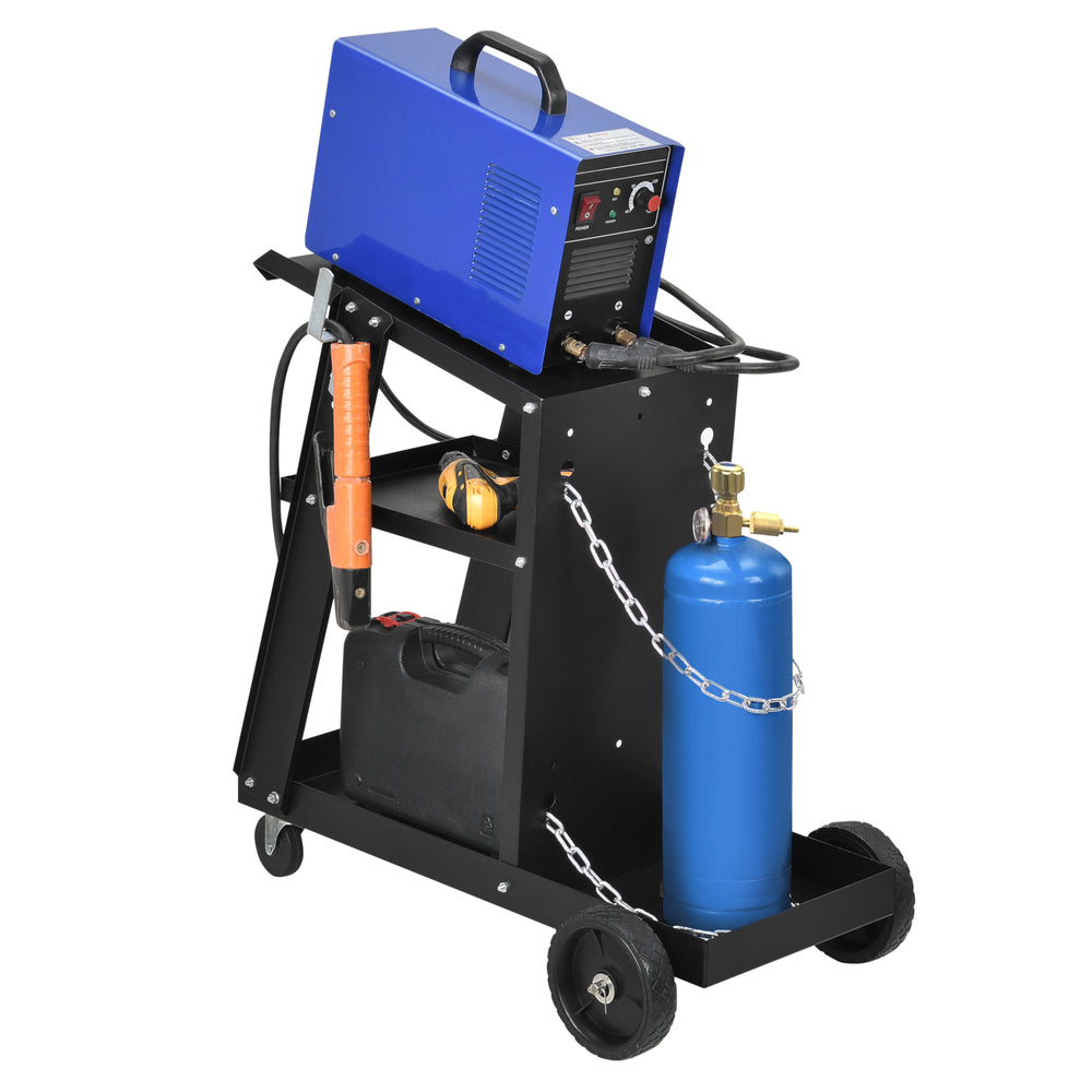 Chariot de Soudage avec 3 Plateaux et Rangement de Bouteille de Gaz Acier Noir [pro.tec]