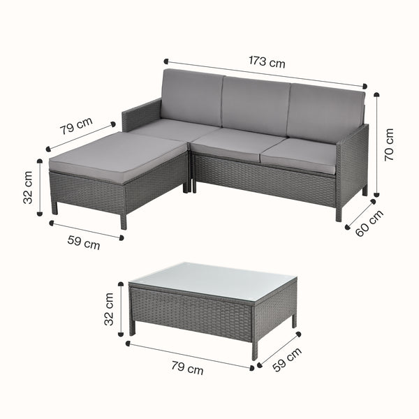 Salon de Jardin Design Rattan 4 Places Acier Polyrotin Verre Polyester Gris [en.casa]