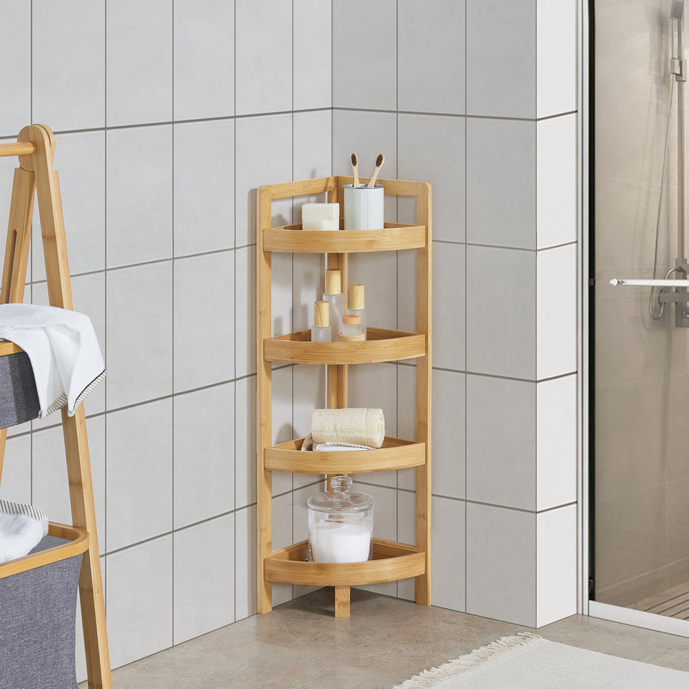 Étagère de salle de bain en bambou Lestijärvi, étagère d’angle avec 4 tablettes 80x23x23cm [en.casa] - premiumXL