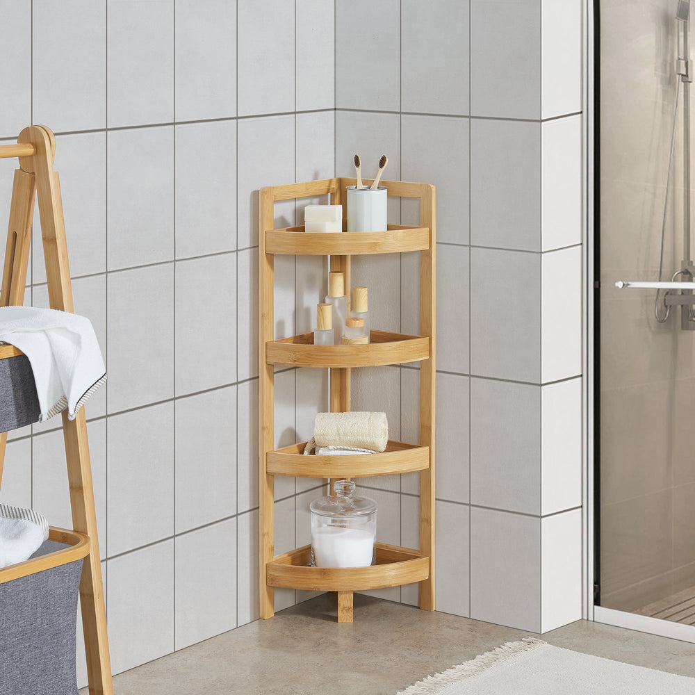 Étagère de salle de bain en bambou Lestijärvi, étagère d’angle avec 4 tablettes 80x23x23cm [en.casa] - premiumXL
