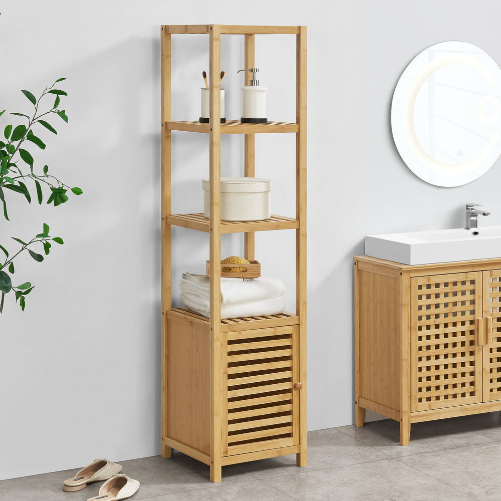 Étagère en bambou Liminka étagère de salle de bain avec porte d’armoire 140x34x33cm [en.casa] - premiumXL