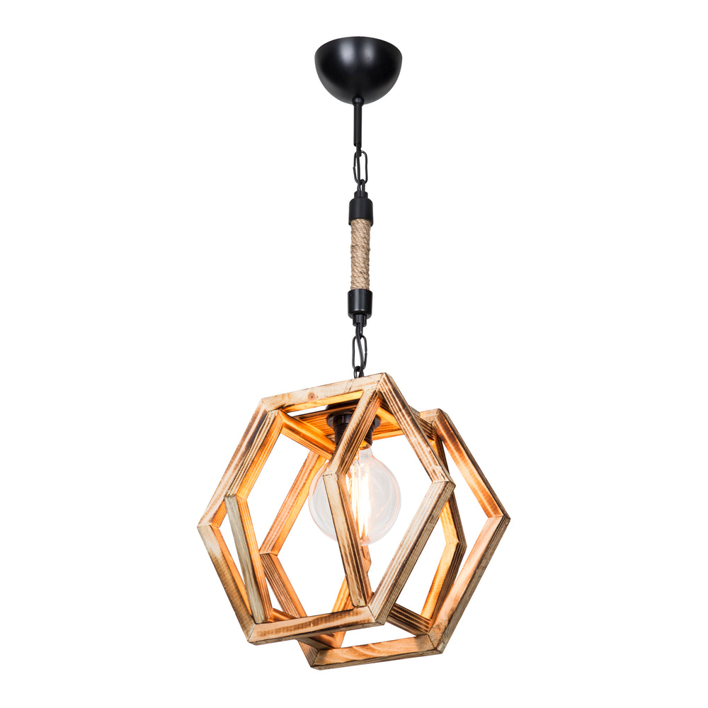 Hängeleuchte Cheltenham E27 Metaal Massief Hout Jutetouw Zwart / Houtlook / Jutekleurig [lux.pro] - premiumXL