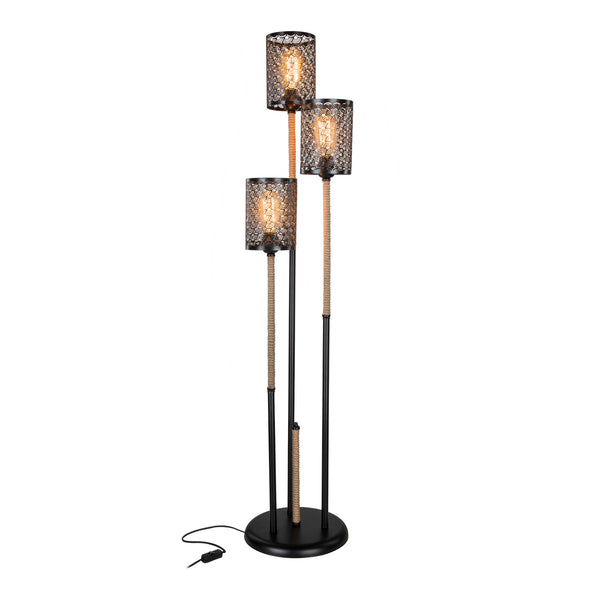 Lampadaire Exeter en métal et corde de jute hauteur 140 cm 3 x E27 noir / naturel [lux.pro]
