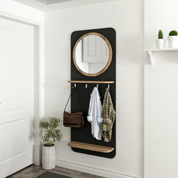 Portemanteau Helsinge avec miroir et espace de stockage 150 x 60 x 15 cm noir mat / effet bois [en.casa]