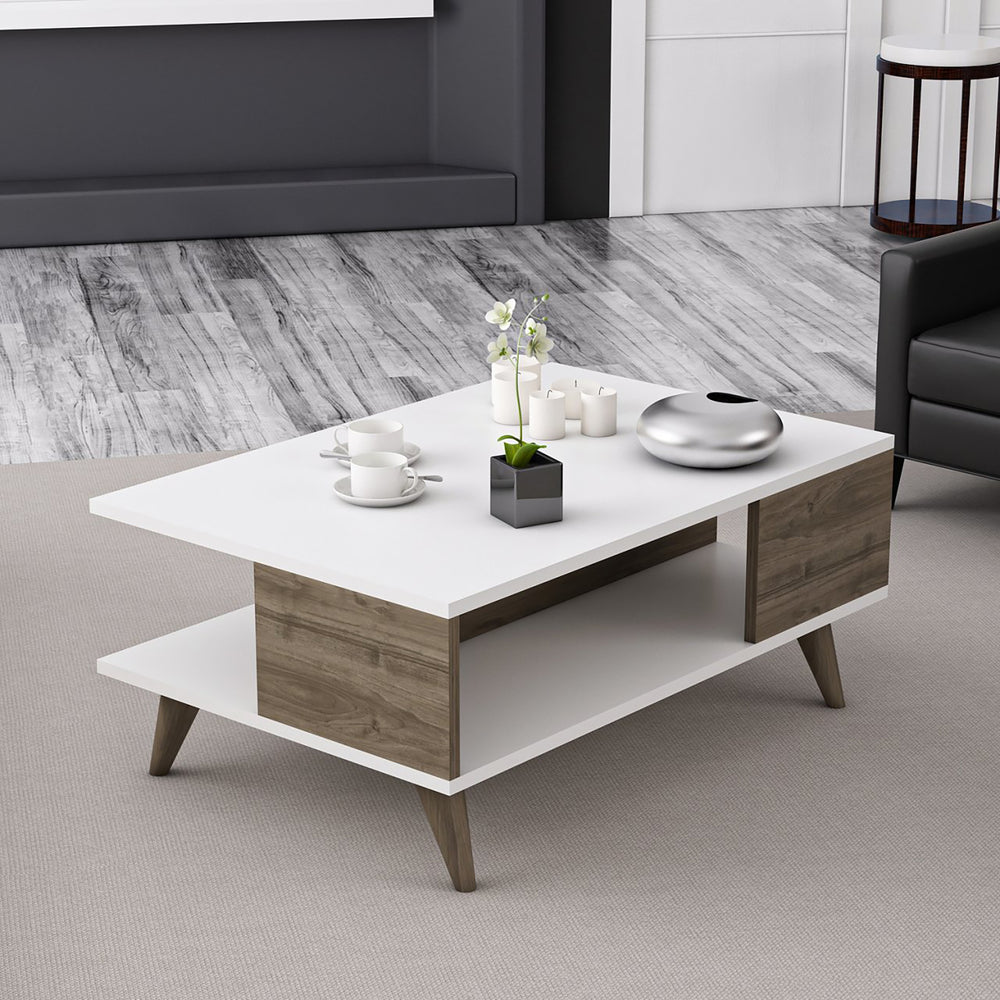 Table basse Grenaa avec étagère inférieure Blanc / aspect noyer [en.casa] - premiumXL