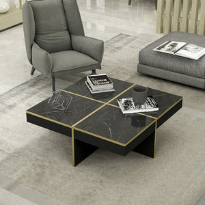 Table basse carrée Fjerritslev 35 x 90 x 90 cm marbre noir / laiton [en.casa]