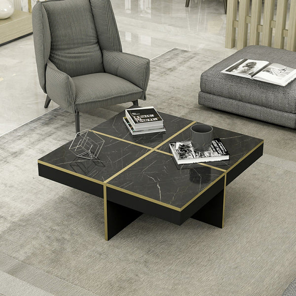Table basse carrée Fjerritslev 35 x 90 x 90 cm marbre noir / laiton [en.casa]