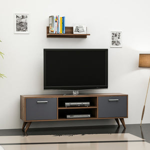Meuble TV Haderslev à 2 portes avec étagère murale effet noyer / anthracite [en.casa]