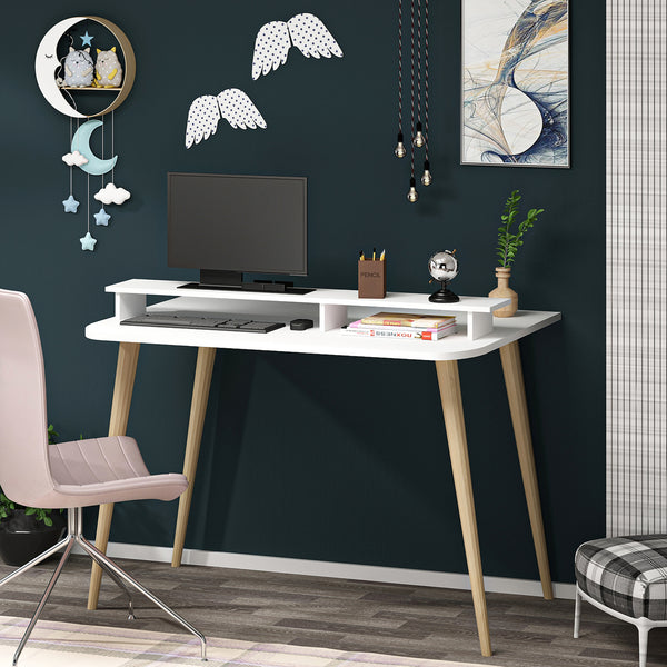 Bureau Östhammar avec réhausseur d'écran 73,8 x 90 x 60 cm blanc / naturel [en.casa]