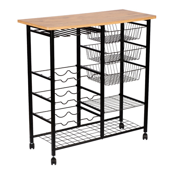 Chariot de bar Rønnede avec casier à vin noir effet bois [en.casa]