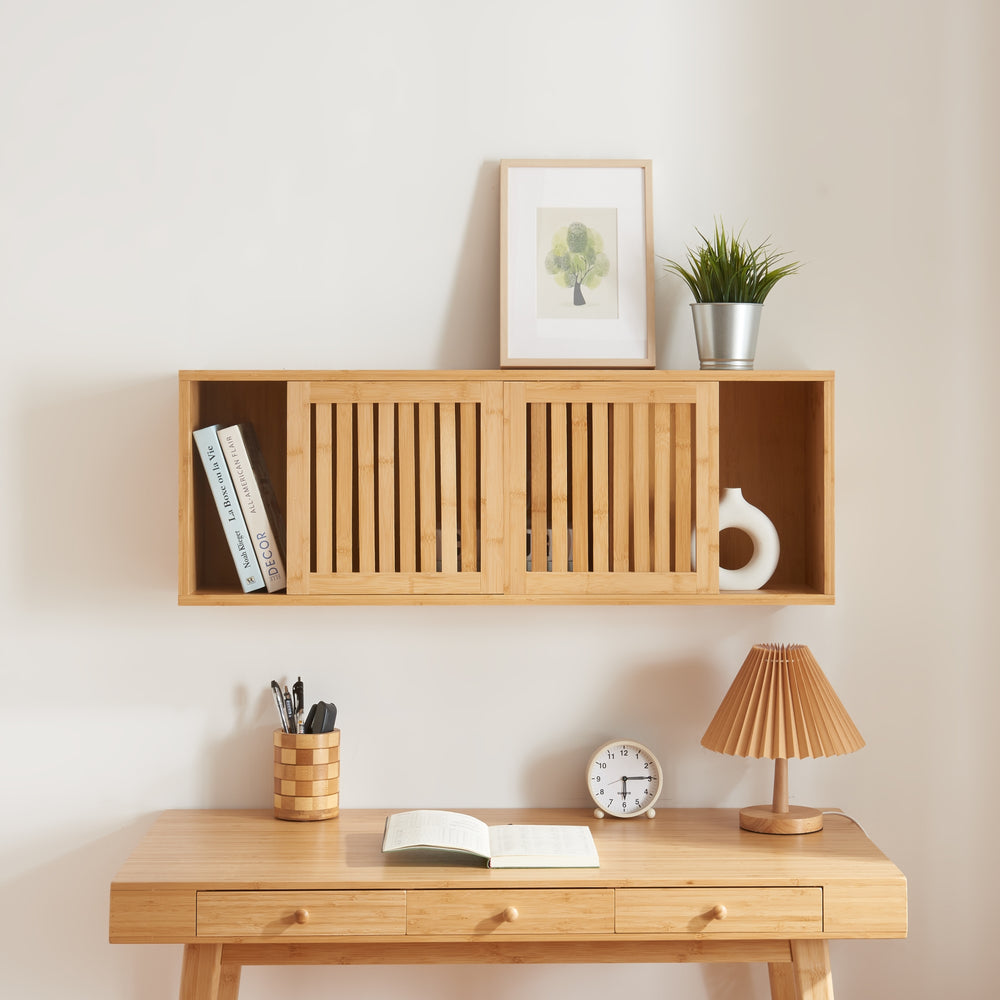 Étagère murale Grums avec deux portes coulissantes 92,5x20x33cm bambou [en.casa] - premiumXL
