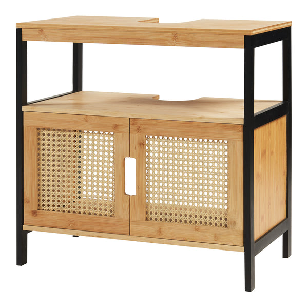 Wastafelonderkast Tervola 60x60x35 cm zwart naturel en rotan look [en.casa]