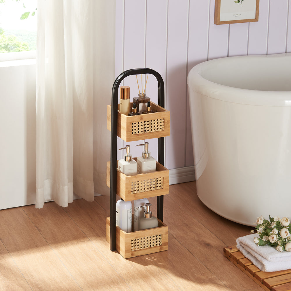 Étagère de salle de bain Tervola 73x23x19 cm Noir/Bambou [en.casa] - premiumXL