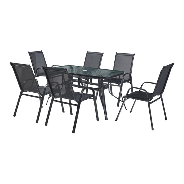 Salon de jardin 7 pièces Aradeo avec table à manger et 6 chaises acier verre trempé textilène casa.pro