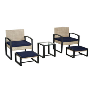 Salon de jardin 5 pièces Calvello avec table 2 chaises 2 repose-pieds aspect rotin bleu marine noir casa.pro