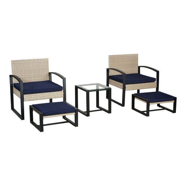 Salon de jardin 5 pièces Calvello avec table 2 chaises 2 repose-pieds aspect rotin bleu marine noir casa.pro