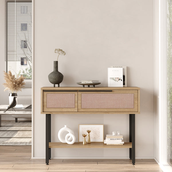 Table console Kvænangen 100 x 30 x 76 cm effet chêne aspect rotin noir [en.casa]