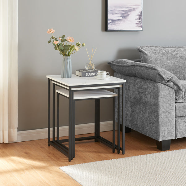 Bijzettafel Trollhättan set van 3 zwart en marmer wit [en.casa]