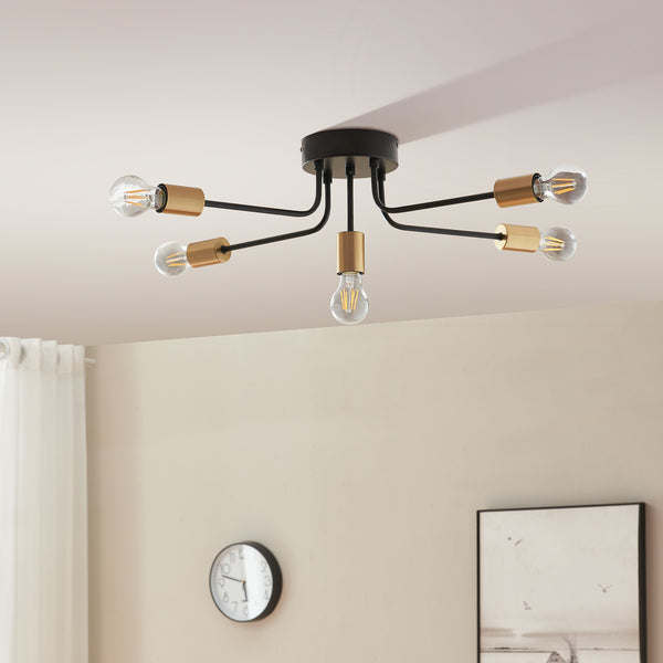 Plafondlamp Benfleet 5-lichts 5xE27 zwart en messing lux.pro