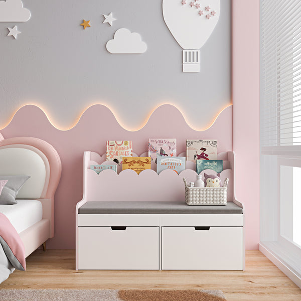 Kindermeubel Vestnes kinderbank met opbergrek en kussen 100x70x45 cm wit en roze [en.casa]