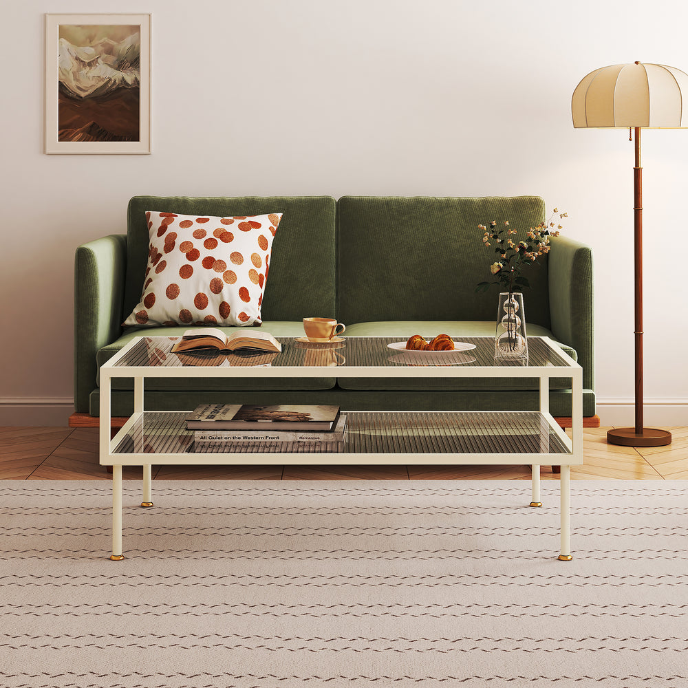 Table basse Lindau acier avec plateau en verre 100x50x46 cm blanc crème [en.casa] - premiumXL