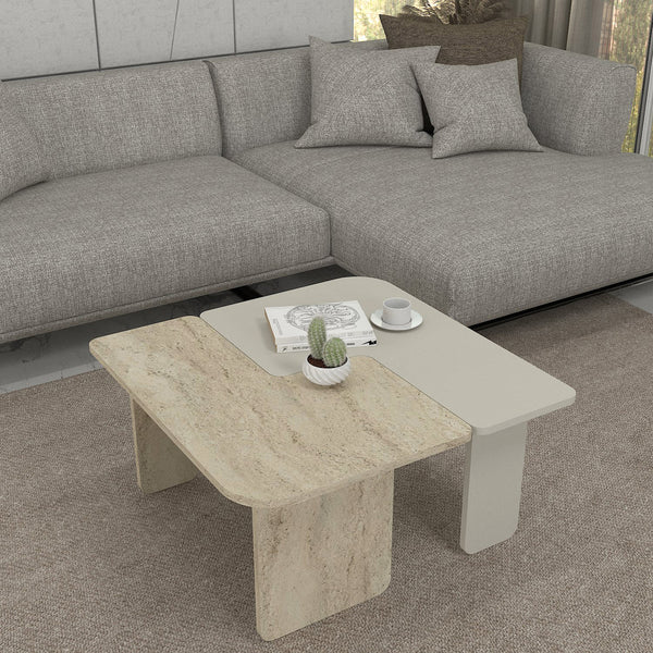 Salontafel Boneksbelt 2-delig travertijn en zandsteen 75x75x38 cm [en.casa] 