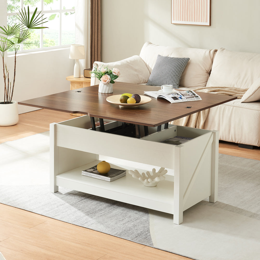 Table basse Kasama avec plateau relevable et espace de rangement 110x55x54 cm aspect noyer/blanc [en.casa] - premiumXL