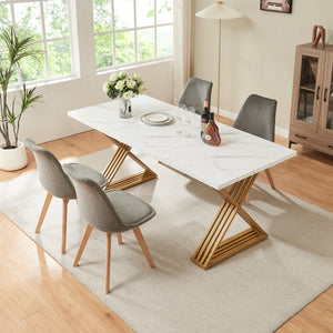 Table à manger Hujaari pour 6 personnes effet marbre blanc / doré [en.casa] 