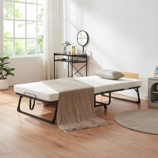 Lit pliant avec matelas en mousse froide Lustendi 90 x 200 cm noir effet chêne [en.casa]