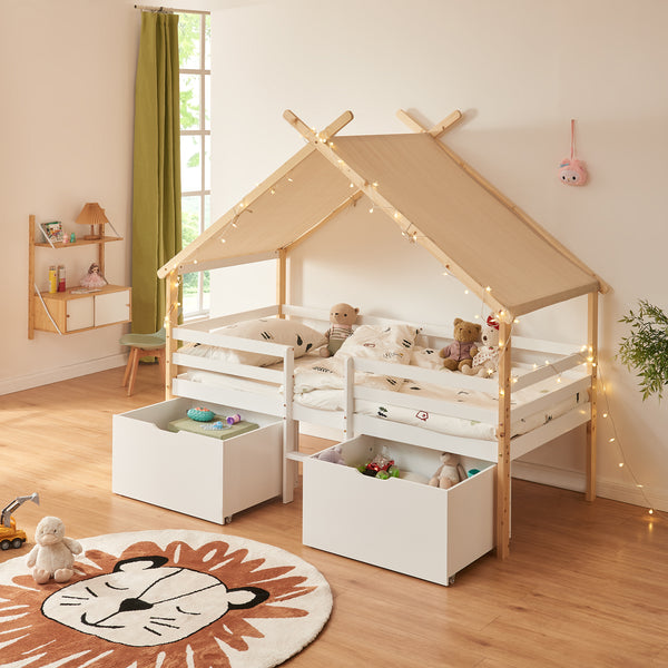 Lit cabane Surnadal avec matelas à mousse froide bois de pin 90 x 200 cm naturel blanc beige [en.casa]