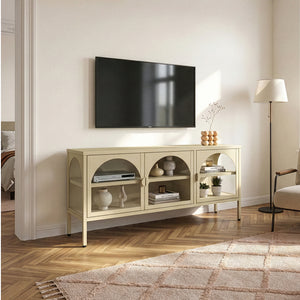 Buffet vitrine Klippestad acier verre 118 x 35 x 55 cm camel [en.casa]