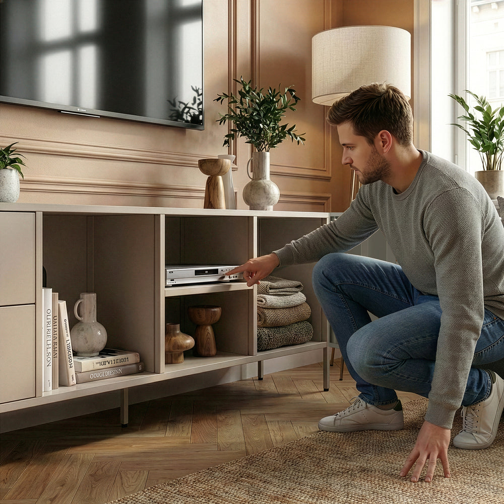 Meuble TV Kliri acier 150 x 35 x 58 cm camel [en.casa]