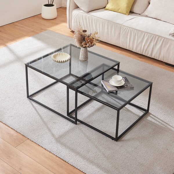 Lot de 2 tables basses Tromlaslo gigognes verre fumé gris [en.casa] 
