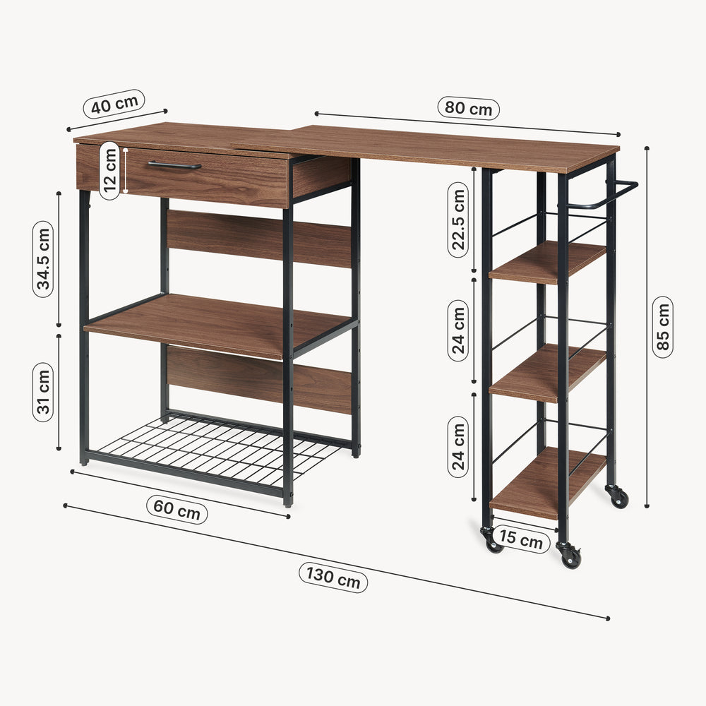 Keukenrek Kirhuskyna uitschuifbaar 130x40x85 cm zwart en walnootkleurig [en.casa] 