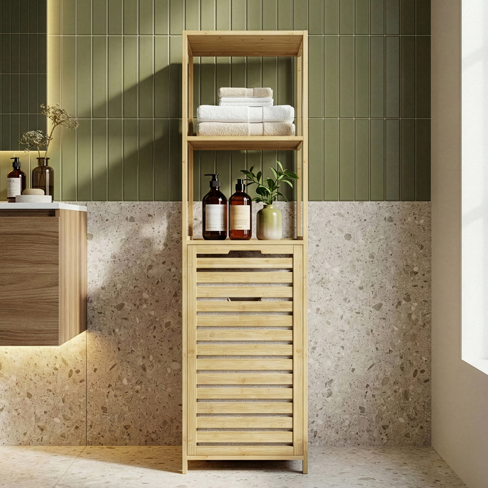 Badrek met wasmand Anun 130x36x33 cm bamboe houtkleurig [en.casa]