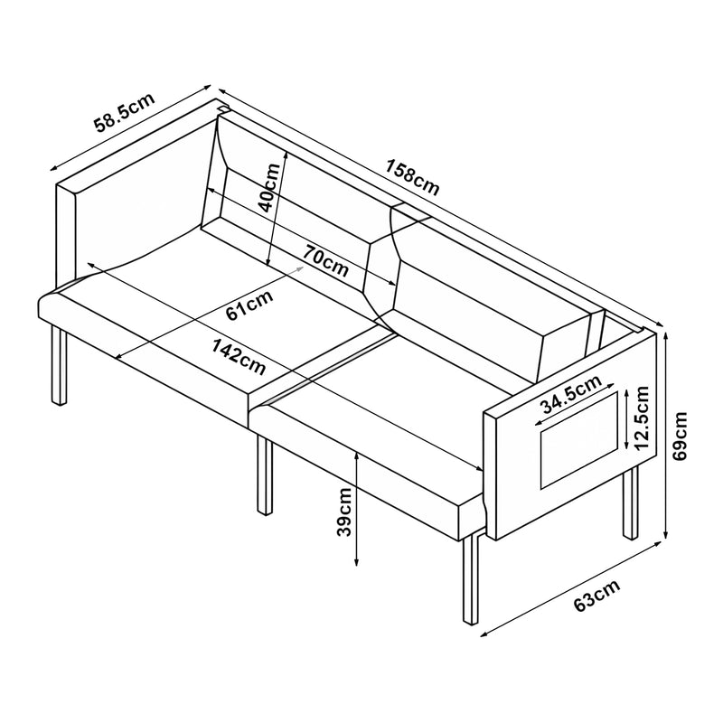 Croquis coté Canapé 2 places Kamar 69 x 158 x 63 cm [en.casa] 
